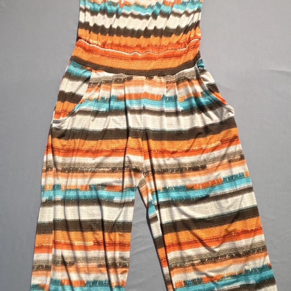 Frou Frou by Christine Arce Striped Strapless Jumpsuit Orange Turquoise Boho L